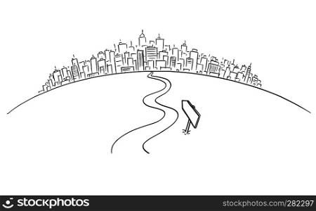 Artistic drawing of conceptual road or way winding forward leading to cityscape or big city on the horizon. Business concept.. Drawing of Conceptual Winding Way Forward to Cityscape or City on Horizon