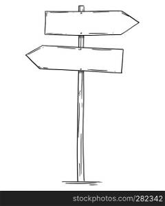 Artistic drawing of old empty or blank wooden two directions road arrow sign. Ready for your text.. Drawing of Empty Old Wooden Road Two Directions Arrow Sign