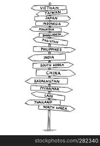 Artistic drawing of old wooden directional road arrow sign with names of some countries of Asia. India, China, Japan, Korea, Taiwan, Indonesia and more.. Drawing of Old Road Directional Arrow Sign With Names of Some Asian Countries