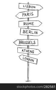 Artistic drawing of old wooden directional road arrow sign with western Europe city names. Berlin, London, Brussels, Rome, Athens, Lisbon, Paris.. Drawing of Old Wooden Road Directional Arrow Sign With Western European Cities