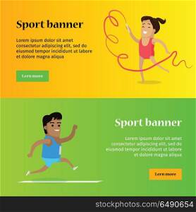 Artistic Gymnastics and Athletics Sport Template. Sport banner. Artistic gymnastics and athletics sport template. Summer games colorful banner. Competitions, achievements. Athletes perform to show best results and win a trophy. Vector illustration