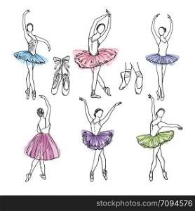 Artistic hand drawn pictures set of theatre theme. Ballerinas dancing. Ballerina dancer with tutu, pose woman in ballet, vector illustration. Artistic hand drawn pictures set of theatre theme. Ballerinas dancing