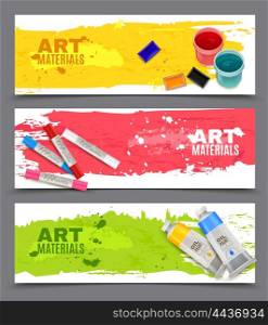 Artistic Horizontal Banners Set. Artistic horizontal banners set with advertising of oil paints watercolor gouache and art pastels realistic vector illustration