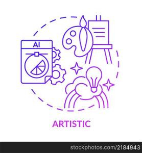 Artistic occupation purple gradient concept icon. Work environment abstract idea thin line illustration. Artistic abilities. Creating crafts, music. Isolated outline drawing. Myriad Pro-Bold font used. Artistic occupation purple gradient concept icon