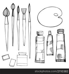 Artistic paintbrushes and paints. Vector sketch illustration.. Artistic paintbrushes and paints.