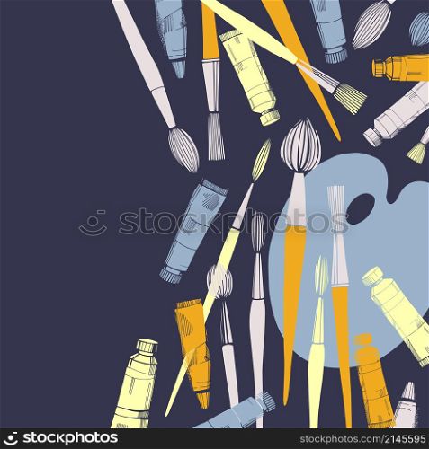 Artistic paintbrushes and paints. Vector sketch illustration.. Artistic paintbrushes and paints.