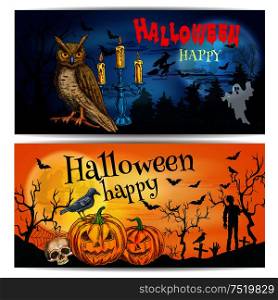 Artistic posters and cards for Happy Halloween celebration. Sketched halloween elements and characters for decoration. Traditional pumpkin, walking undead, skull, night owl on dark horror background. Artistic posters and cards for Happy Halloween