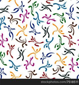 Artistic seamless pattern background of stylized people icons. Graphic symbols of human body in various sport and dancing motion. Seamless pattern of stylized human body icons