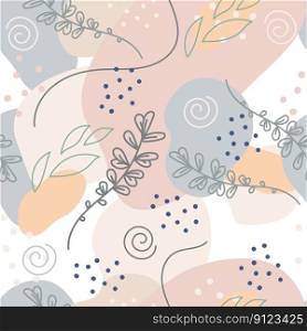 Artistic seamless pattern with abstract leaves, lines and dots in soft pastel colors. Vector illustration endless backdrop. Modern trendy design for paper, cover, fabric, interior decor and posters. Seamless pattern with plants in trendy colors vector dusty pink