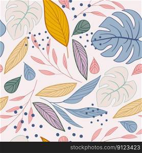 Artistic seamless pattern with abstract leaves, spots and dots in pastel colors. Vector illustration endless backdrop. Modern trendy design for paper, cover, fabric, interior decor and posters. Seamless pattern with plants in trendy soft colors vector background