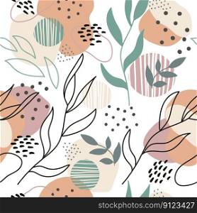 Artistic seamless pattern with abstract leaves, spots and dots in soft pastel colors. Vector illustration endless backdrop. Modern trendy design for paper, cover, fabric, interior decor and posters. Seamless pattern with plants in trendy colors vector