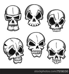 Artistic skeleton skulls sketches icons. Abstract cranium shapes with expressions. Skull icons for cartoon, label, tattoo, halloween decoration. Artistic skeleton skulls sketches icons