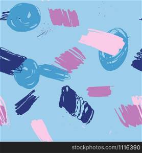 Artistic trendy seamless pattern with pink and blue brush strokes, paint traces or smears on light blue background. Design for wrapping paper, wallpaper, fabric print, backdrop. Vector illustration.. Artistic trendy seamless pattern with pink and blue brush strokes, paint traces or smears on light blue background.