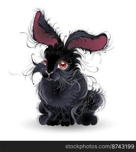 Artistically drawn, black, cute, fluffy rabbit with big ears on white background. Symbol of the year 2023. Year of rabbit. Lunar New Year