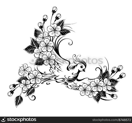 Artistically drawn, contour, flying bird with wings decorated with flowers on white background.