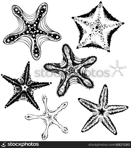 artistically painted drawn, stylized, planimetric starfishes.&#xA;