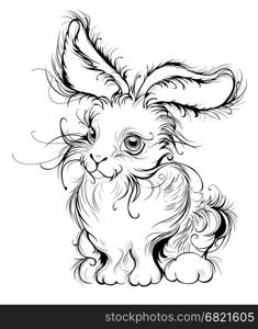 artistically painted in smooth black lines, stylized fluffy bunny with big ears, a white background.&#xA;