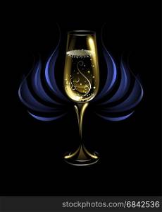 artistically painted, tall, glowing with a golden champagne glass on a black background, decorated with abstract blue flower.