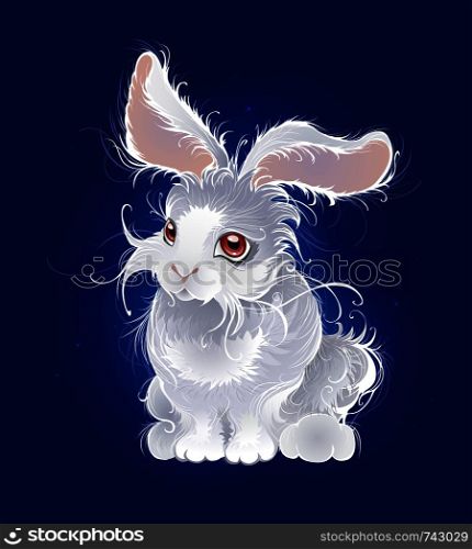 artistically painted, very fluffy, white little rabbit on the dark blue glowing background.