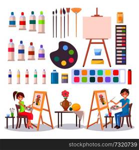 Artists and collection of art supplies icons isolated vector illustration on white background. Cartoon style boy and girl painting excitedly. Art Supplies and Artists Isolated Illustration