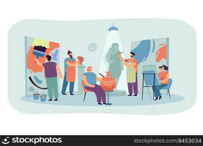 Artists and sculptors creating artworks in workshop or design studio. Creative people painting, sculpturing and drawing. Vector illustration in cartoon style for art community concept