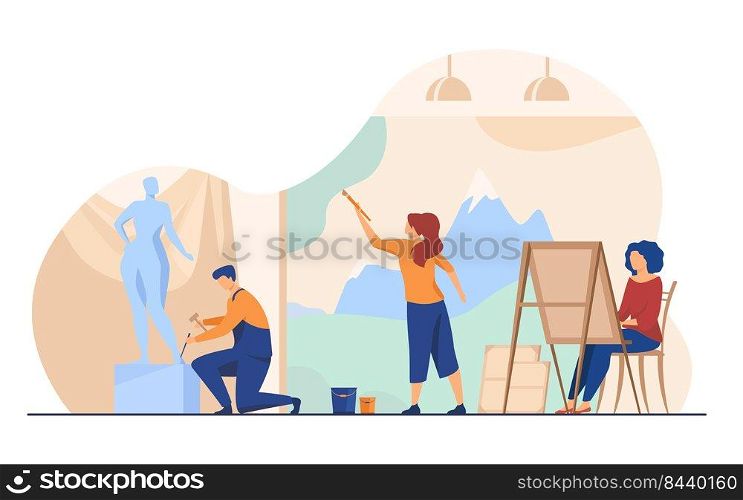 Artists creating artworks flat vector illustration. Creative characters painting, drawing and sculpting at workshop. Studio, graphic design and art concept.