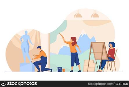 Artists creating artworks flat vector illustration. Creative characters painting, drawing and sculpting at workshop. Studio, graphic design and art concept.