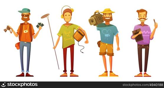 Artists Journalists Broadcasting Reporters Retro Cartoon. Freelance journalist reporter cameraman and artist dressed casually at work cartoon retro style isolated vector illustration