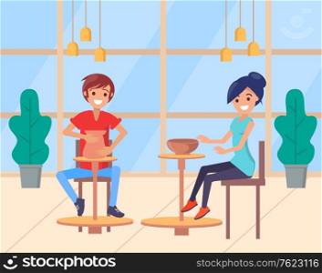 Artists learning to make pots from clay vector, man and woman students in university. Boy and girl, pottery hobby of people smiling sitting on chairs. Flat cartoon. Pottery Classes, Youth Students in Class Vector