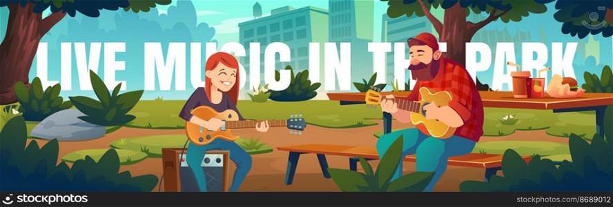 Artists play live music in park cartoon banner. Singers man and woman playing guitars and singing song at public garden, outdoor musical performance, friends having fun on picnic, Vector illustration. Artists play live music in park cartoon banner