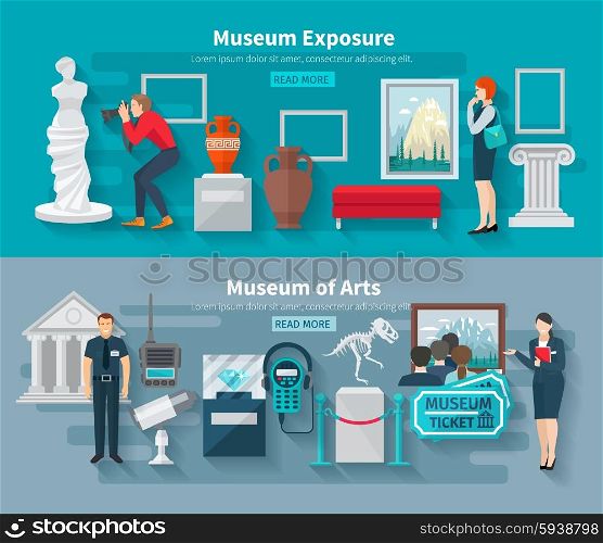 Arts and paleontology museum horizontal banner set isolated vector illustration. Museum Banner Set