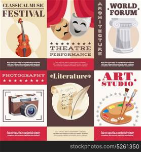 Arts Posters Set. Arts set of posters with music festival theatrical performance architecture literature photography painting studio isolated vector illustration