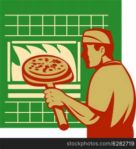 artwork illustration of a Pizza pie maker or baker holding baking pan. Pizza pie maker or baker holding baking pan oven