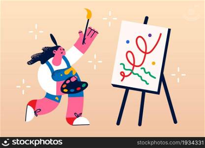 Artwork, painting and drawing concept. Young smiling woman cartoon character artist standing with brush making drawing picture as hobby in studio vector illustration . Artwork, painting and drawing concept.