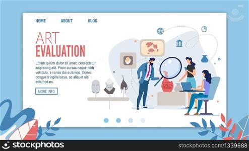 Artworks and Historical Artifacts Evaluation Service Web Banner, Landing Page Template. Museum Workers, Art Evaluation Professionals Group Studying Drawings, Ceramics, Arms Flat Vector Illustration