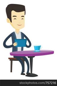 Asain man using tablet computer in a cafe. Man surfing in social network. Man rewriting in social network in cafe. Social network concept. Vector flat design illustration isolated on white background.. Man surfing in the social network in cafe.