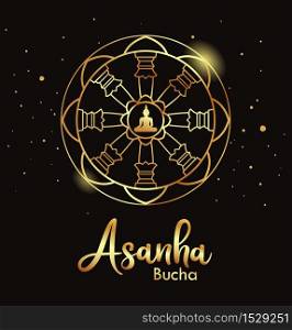 Asanha Bucha day, Important Buddhist Day, with Thammachak gold design on black background, vector illustration