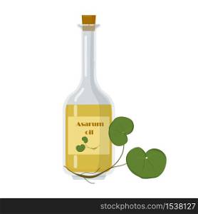 Asarum oil in glass bottle with name on label. Plant extract used for hair care. Wild ginger herb leaf near container flat cartooon vector illustration.