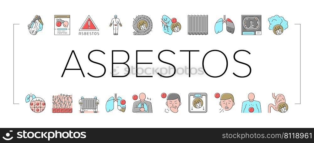 Asbestos Material And Problem Icons Set Vector. Asbestos Removal Service And Protection, Lung And Abdominal Pain Mesothelioma Health Disease, Painful Coughing Symptom Color Illustrations. Asbestos Material And Problem Icons Set Vector