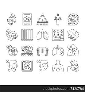 Asbestos Material And Problem Icons Set Vector. Asbestos Removal Service And Protection, Lung And Abdominal Pain Mesothelioma Health Disease, Painful Coughing Symptom Black Contour Illustrations. Asbestos Material And Problem Icons Set Vector