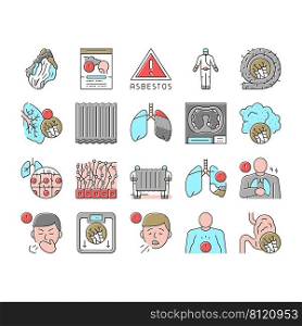 Asbestos Material And Problem Icons Set Vector. Asbestos Removal Service And Protection, Lung And Abdominal Pain Mesothelioma Health Disease, Painful Coughing Symptom Color Illustrations. Asbestos Material And Problem Icons Set Vector