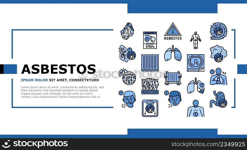 Asbestos Material And Problem Landing Web Page Header Banner Template Vector. Asbestos Removal Service Protection, Lung Abdominal Pain Mesothelioma Health Disease Painful Coughing Symptom Illustration. Asbestos Material And Problem Landing Header Vector