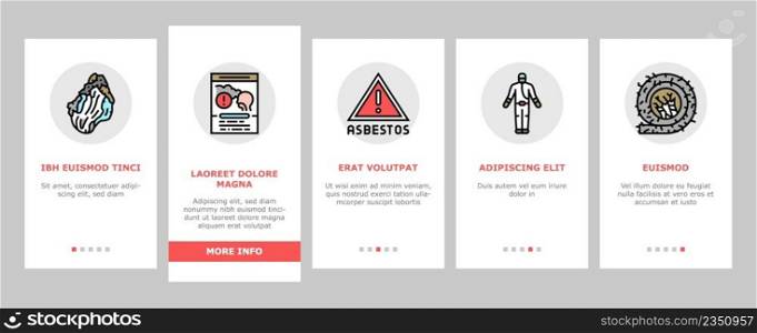 Asbestos Material And Problem Onboarding Mobile App Page Screen Vector. Asbestos Removal Service And Protection, Lung Abdominal Pain Mesothelioma Health Disease, Painful Coughing Symptom Illustrations. Asbestos Material And Problem Onboarding Icons Set Vector