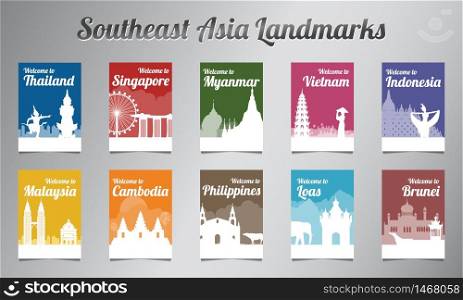 ASEAN famous landmark in silhouette design with multi color style brochure set,vector illustration