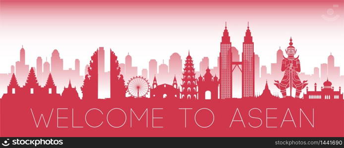 ASEAN famous landmark red silhouette design,vector illustration