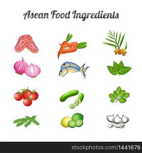 asean food ingredients set bundle include vegetables and meat in gradient cartoon design,vector illustration