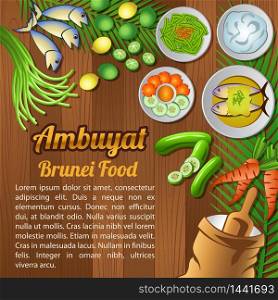 Asean National food ingredients elements set banner on wooden background,Brunei,vector illustration