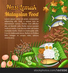 Asean National food ingredients elements set banner on wooden background,Malaysia,vector illustration