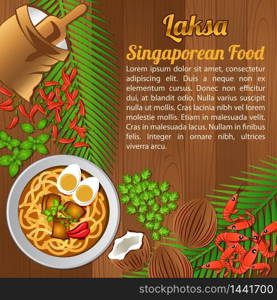 Asean National food ingredients elements set banner on wooden background,Singapore,vector illustration