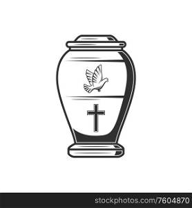 Ash urn with dove silhouette and black cross isolated funeral jar. Vector monochrome burial container. Urn with dove bird and catholic cross, funeral box